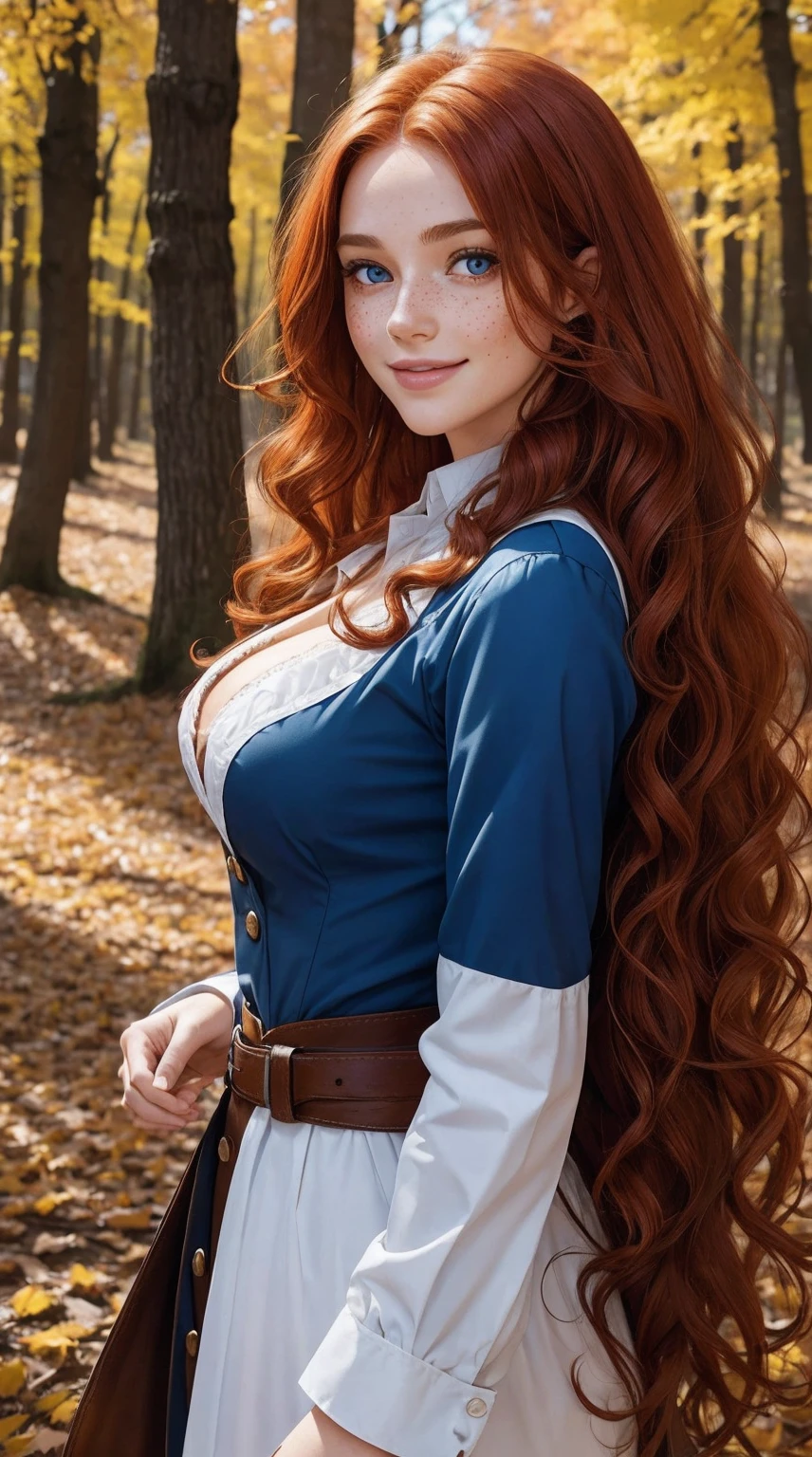 a beautiful Nordic European woman with long red hair in braids, light eyes, with freckles, blue leather bodice, extravagant neckline, white micro skirt,