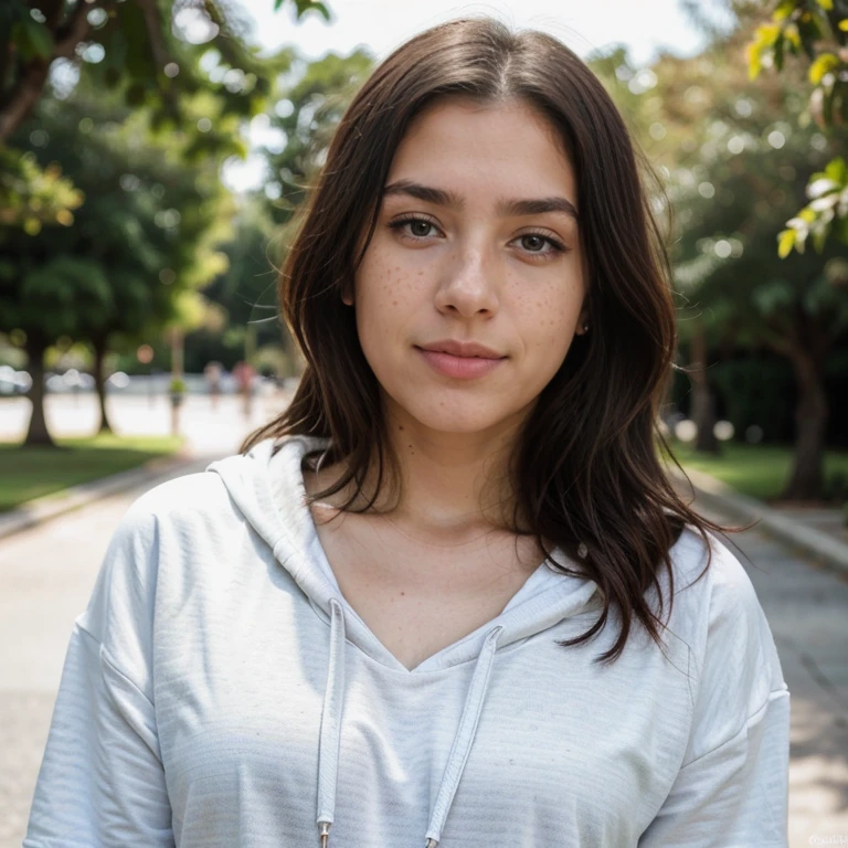 23-year-old hyper-realistic Latin girl with freckles, selfie de humor para instagram, Ultra Definition, (photoreallistic: 1.4), 8k, Calidad Premier, Fondos detallados, cara delicada, Maquillaje natural, foto RAW, iPhone, HDR, Coqueteando con el espectador, fondo natural, arboles de fondo, black hoodie