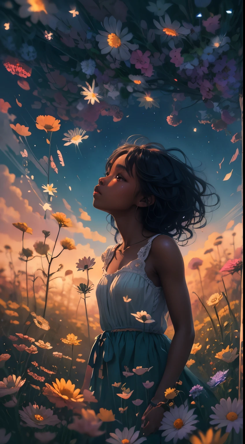 (masterpiece, best quality)There is a black girl ((dark skin)) wavy hair, clear detailed face, standing in a wildflower field looking up at the sky, a girl standing in a flower field, a girl walking in a flower field, lost in a dreamy wonderland, standing in a flower field, fantastic digital painting, the sky gradually clears, the starry sky gradually recedes, art by Laura Diehl Yaoyao Ma Van As