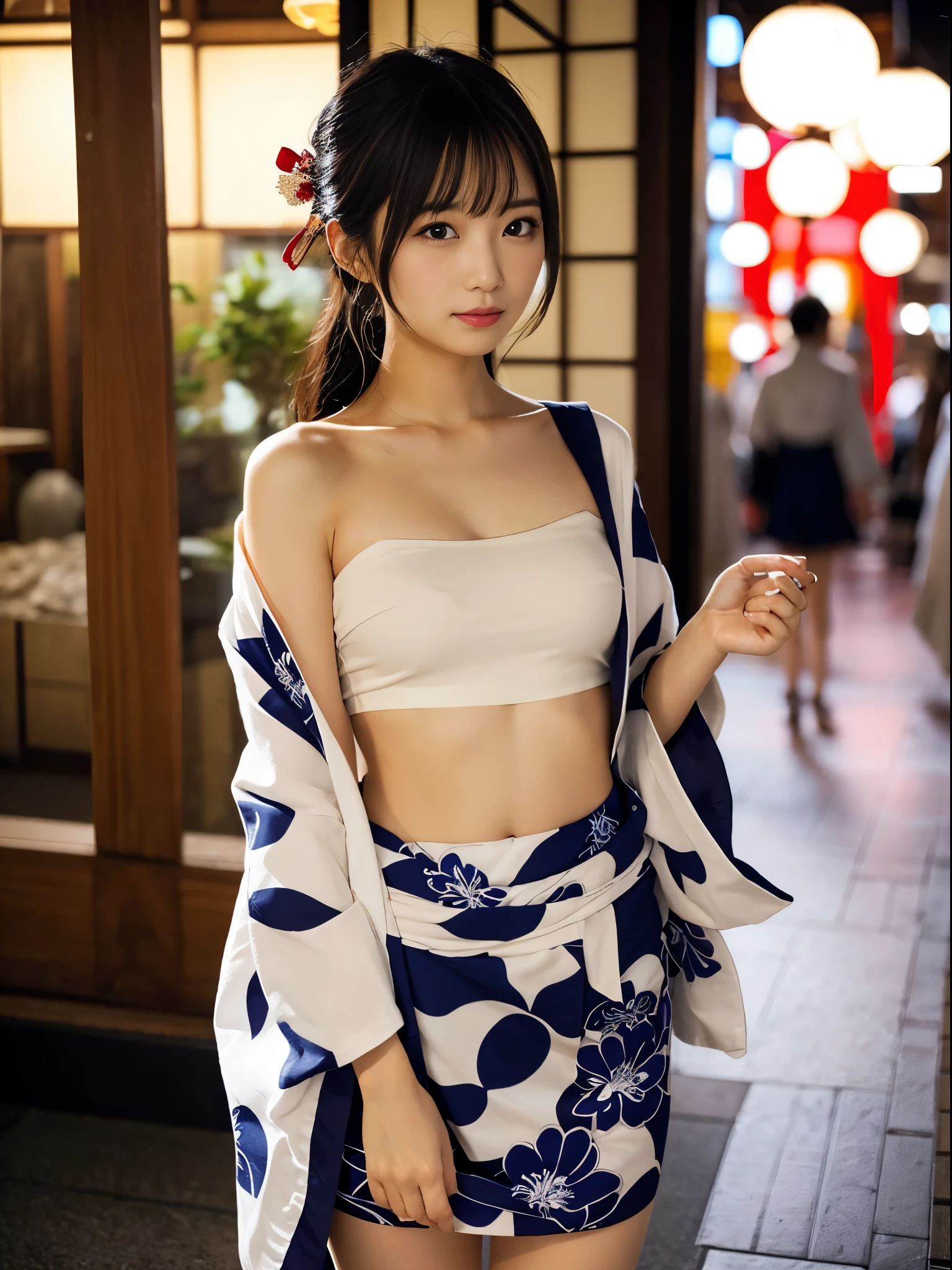 hi-school girl, lesbian, Japan Yukata, No bra, , Legs spread wide、traditional Japanese kimono、furisode、Chest exposed、(Take it off)、Embarrassed look、Chest exposed、clavicle fetish、(((toppless)))、Be undress、Fluttering kimono、sakeを飲む、sake、Indoors at night、(Background indoors at night)、