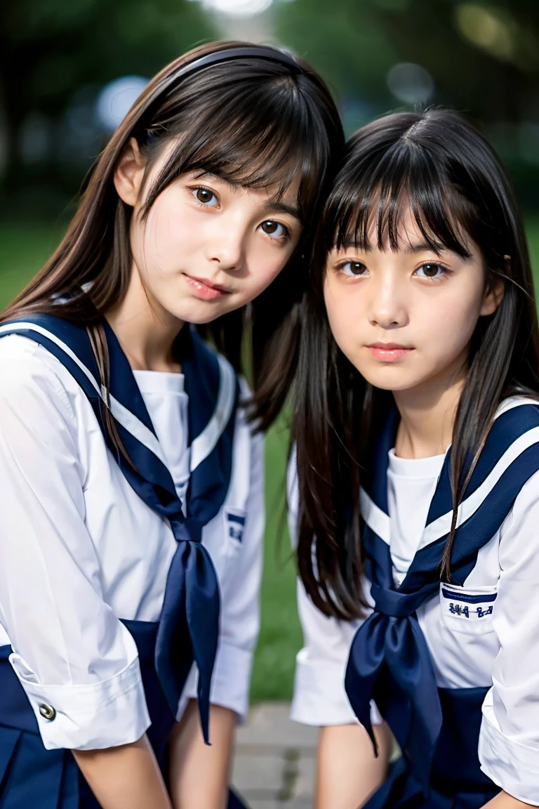 Two beautiful girls、Sailor School Uniform、A dark-haired、straight haired、(One has long hair)、(The other one has a short bob)、schools、early evening、ars、Face to face、Wistful expression、