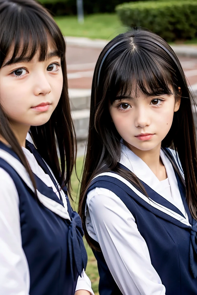 Two beautiful girls、Sailor School Uniform、A dark-haired、straight haired、(One has long hair)、(The other one has a short bob)、schools、early evening、14years、Face to face、Wistful expression、