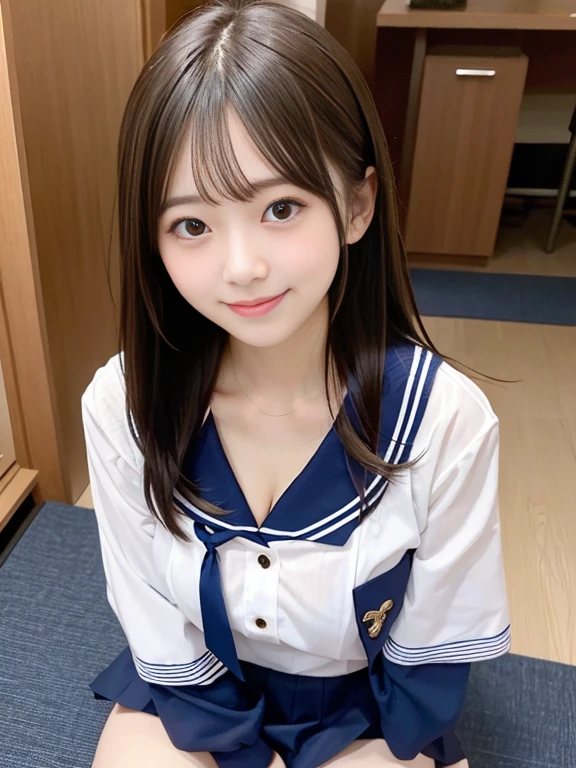 japanes、girl with、1人、sixteen years old、A dark-haired、length hair、poneyTail、High school students、high-school uniform、a sailor suit、やぶけた白いa sailor suit、Lace underwear is visible on her exposed chest.、shortsleeves、cleavage of the breast、Dark blue mini skirt、thighs thighs thighs thighs、knee sox、tiny chest、Gentle smile、lightly dressed、Skin revealing、decolletage、unclear、A hyper-realistic