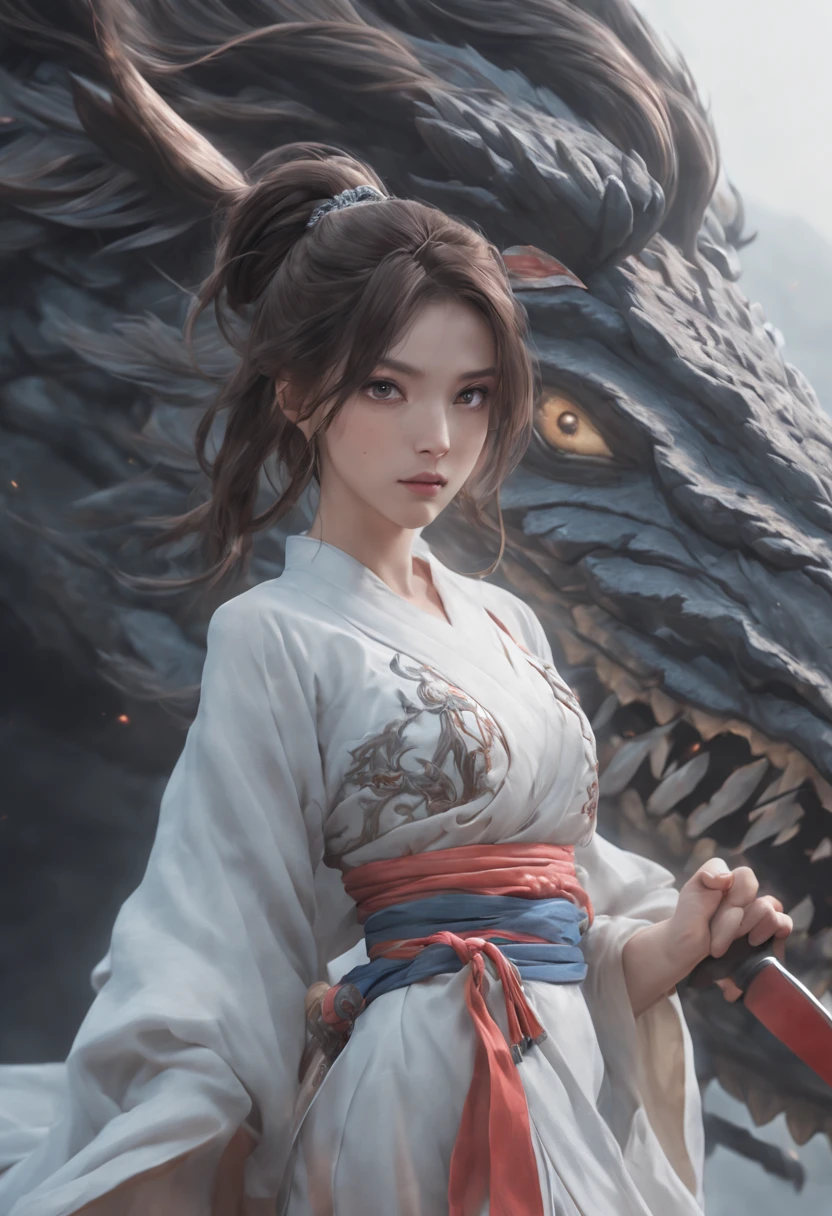 (Raw photo:1.2), (Photorealistic), Beautiful detailed girl, Very detailed eyes and face, Beautiful detailed eyes, Huge file size, High resolution, Very detailed, Best Quality, [masutepiece:1.6], Illustration, Very detailed, Fine detail, Best Quality, 8K Wallpaper, Movie Lighting,15-year-old female student, Female Swordsman, ponytail dark hair, White kimono with open chest, The chest of her kimono is wide open and her white bra is visible.,  Legendary sword, See-through kimono, serious facial expression, Slim body, Young Face, Smaller chest, Immature body,Inside the foggy battlefield, Big sword, Attacked by a flying monster