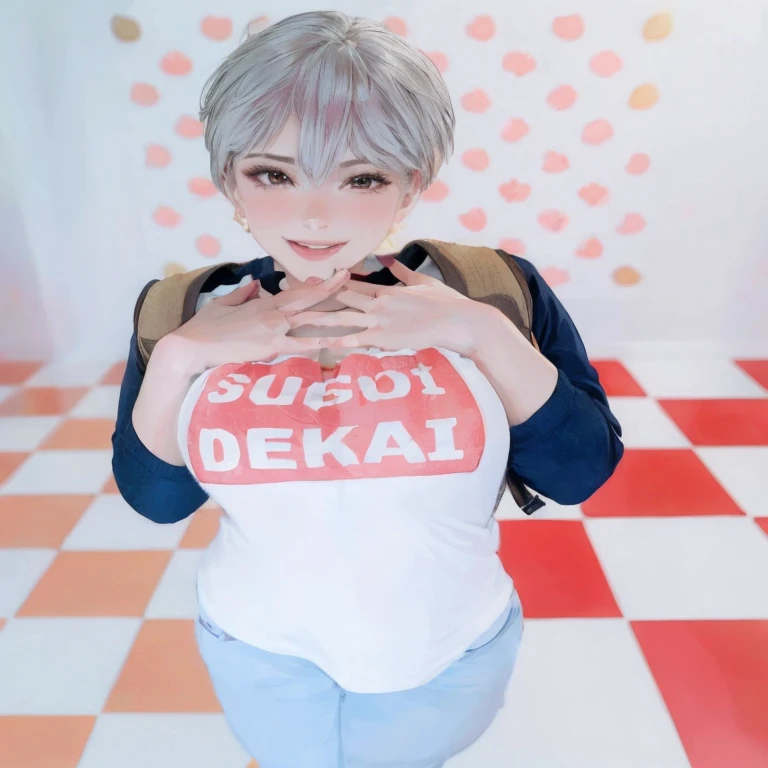 Beautiful girl, smile, short hair, bust up, open chest clothes, pants, glossy skin, cleavage, poses that show off cleavage, sexy,, brown eyes, white shirt , pink hair