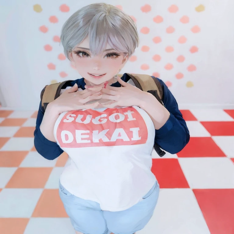 Beautiful girl, smile, short hair, bust up, open chest clothes, pants, glossy skin, , poses that show off cleavage brown eyewhite shirt , pink hair