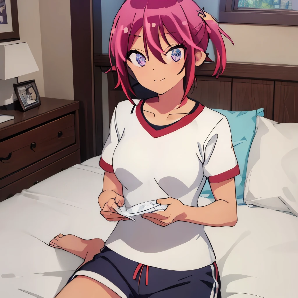 ((masterpiece)), ((best quality)), (ultra-detailed), anime style, on the bed, a cute girl, 1girl, solo, gym shorts00, ((beautiful eyes))0, smile