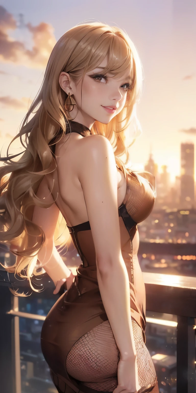 Super close-up from underground(((Sunset Sunset emphasis Backward butt emphasis Upper body photo))) ((((Different sexy poses)))))美丽的面容, Highly detailed face and skin texture, (Fine wrinkled eyes, Double eyelids, Thin eyebrows, Glitter Eyeliner: 1.2, Natural cheeks, Shiny skin, Fair skin, (((Wearing a tight brown lame silk dress, Fishnet stockings))), Glitter necklace and earrings, (shiny lips: 1. 4), (Seductive smile), (), (Blonde long wavy hair, oblique bangs), Short hair, , ((upperbody shot)), ((Focus on chest and face)), medium large breasts, upturned breasts.(((The background is a slightly sepia-toned cityscape..................)))