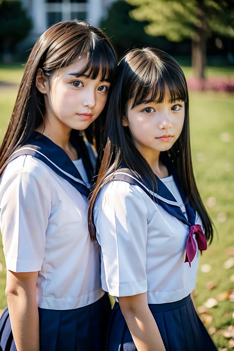 Two beautiful girls、Sailor School Uniform、A dark-haired、straight haired、(One has long hair)、(The other one has a short bob)、schools、early evening、14years、Face to face、Wistful expression、