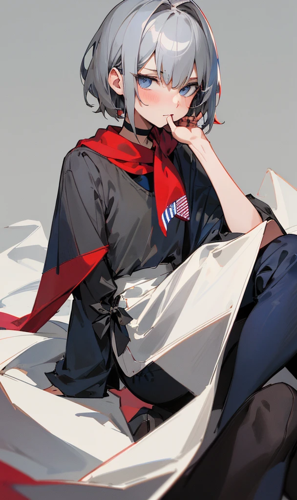 masterpiece, (((highest quality)))), ((super detailed)), ((illustration)),
(((grey_background,  background))),
1boy, silver_hair, (short_hair), hair_between_eyes, dark_blue_eyes, clavicle,
uninteresting, [blush], looking_at_viewer, biting_lips, sitting, upper body,
american_flag_tanktop, (blue_red_white), united_states_of_america_flag_scarf, (red_blue_white), black_short_pants, choker, black_pantyhose, x_hair_ornament,