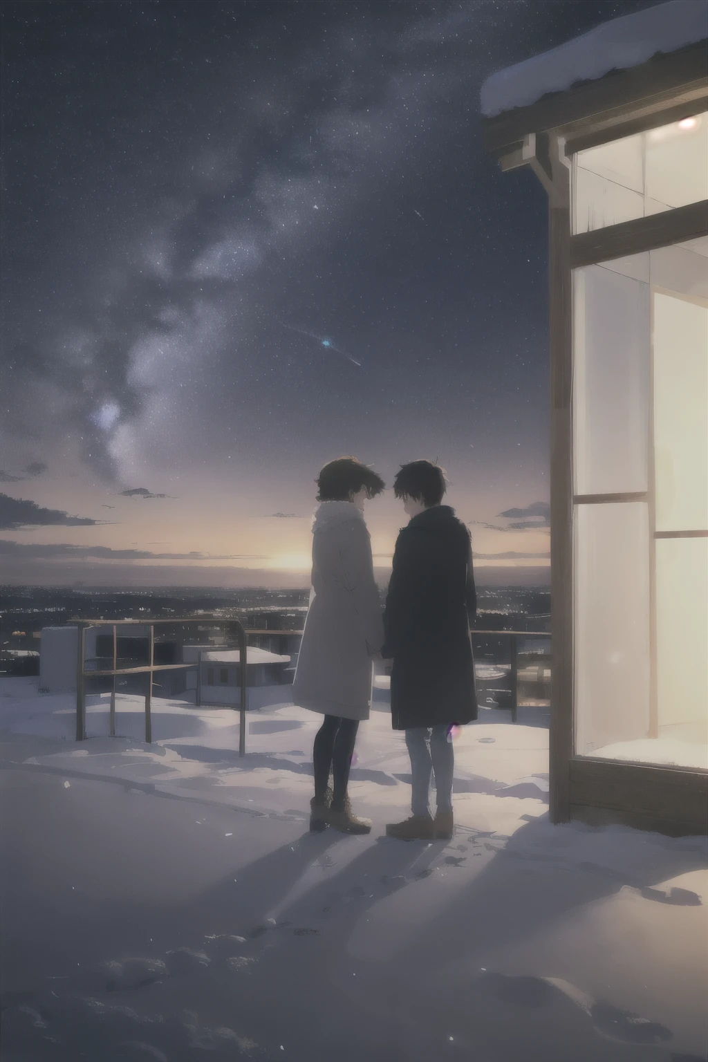 Shadows on a rooftop talking while watching the snow, with a purple starry sky in the background romantic atmosphere type Makoto shinkai