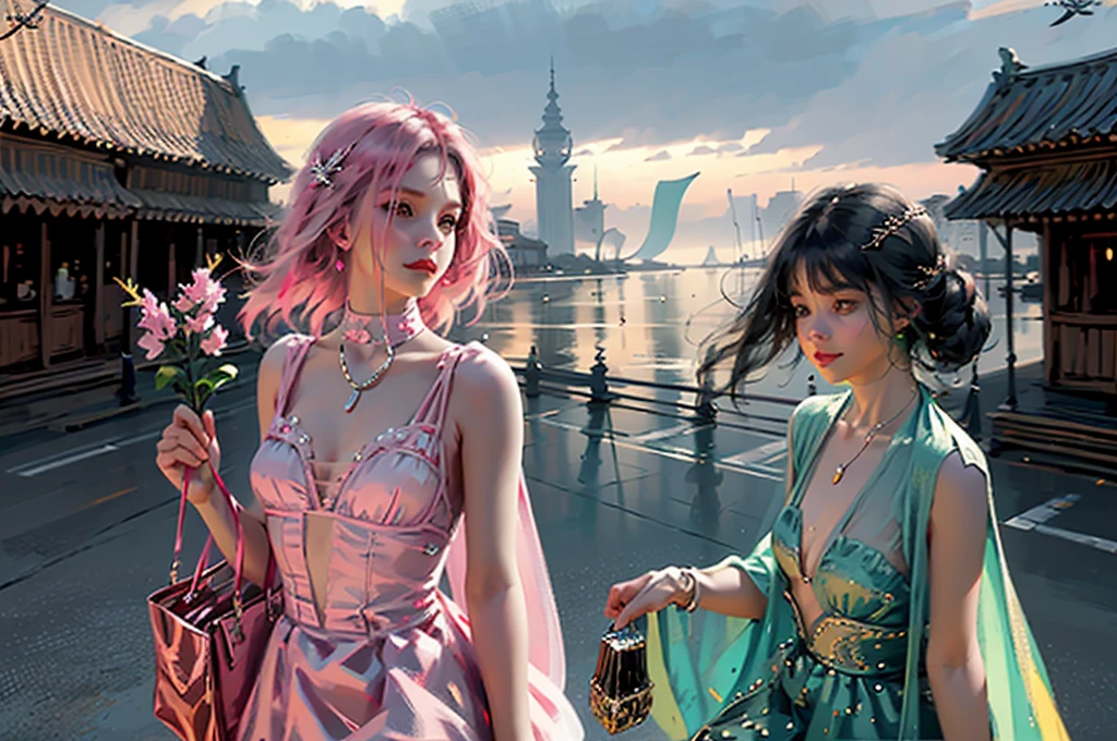 oilpainting style,,super long hair, head chain, rim light, back light, sunset, pastel color,  earrings, sky, necklace, wind, (​masterpiece、top-quality、top-quality、Detailed and complex、Official art、Beautifully Aesthetic:1.3)(Fractal Art:1.3)、colourfull、Vivid , best quality,ultra high res,, floating flowers, floating hairs, (shining), best lighting, best shadow, blurry background, Crepuscular rays, foggy, ((rim light)),, warm light,The overall effect is one of timeless elegance and grace,Super detailed,Make another scene with the same style, barbie is now outside the perfume store, now she's holding the perfume store bag, shes about to enter her car, her car is a C1 Corvette, pink with white, C1 Corvette, shes wearing a checkered pink and white dress and the background is showing a 80 California, with palm trees and a lot of pink flowers.