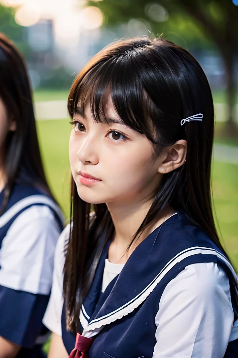 Two beautiful girls、Sailor School Uniform、A dark-haired、straight haired、(One has long hair)、(The other one has a short bob)、schools、early evening、14years、Face to face、Wistful expression、look away from the camera、