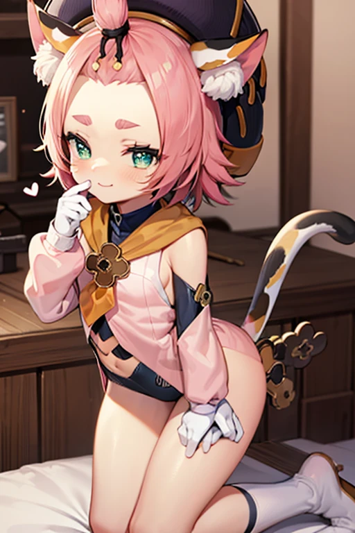 winking, cute, smile, heart, blowing a kiss, nude, catgirl, hat, bedroom, tail