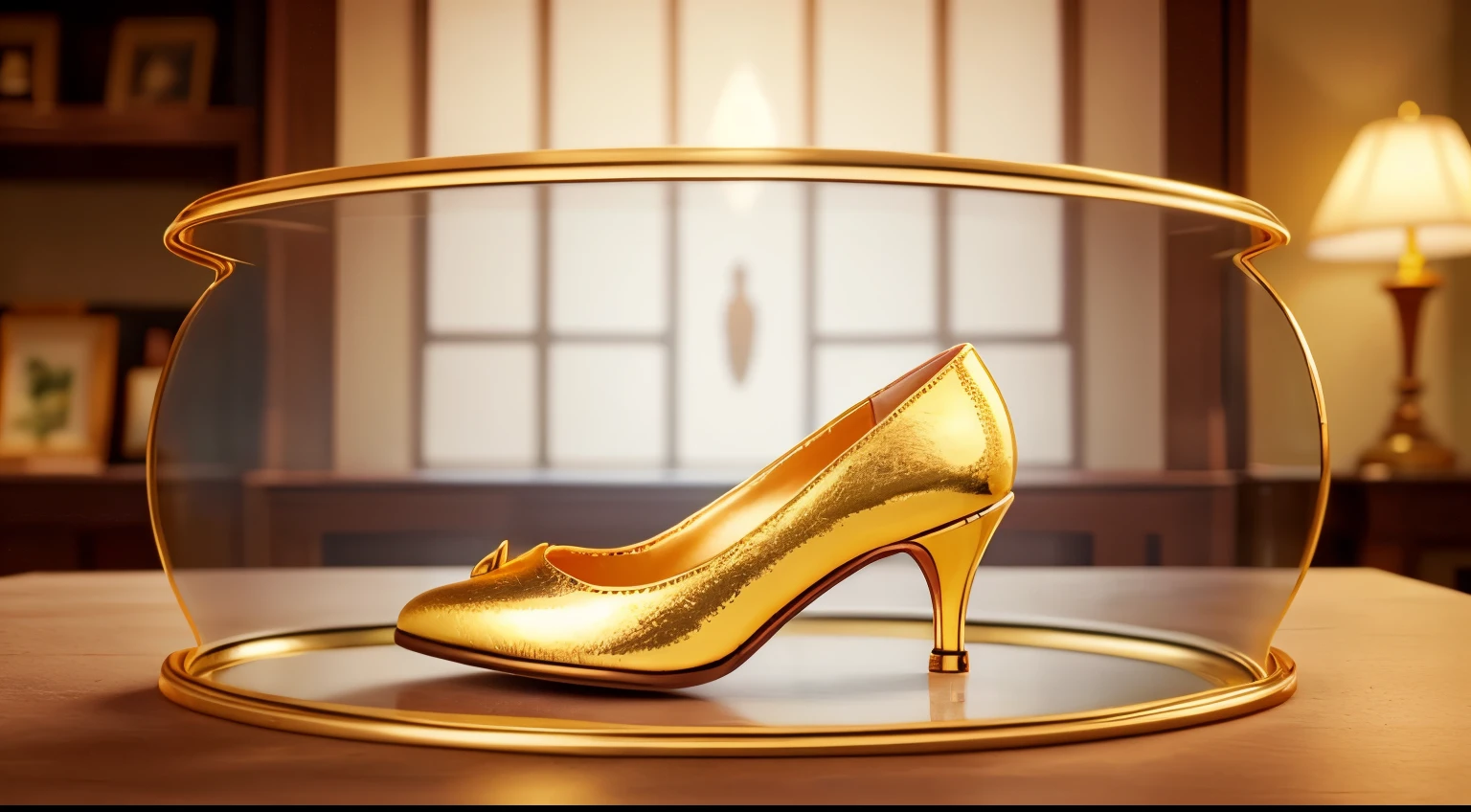 "A beautiful elegant Gold shoe is placed inside an oval glass case. In the background the castle