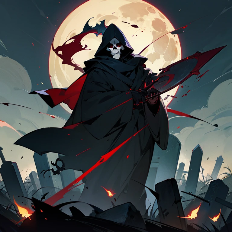 masterpiece,top-quality,Old graveyard,Moon Night,Skull Grim Reaper with a Sickle,Red fog,Fireflies fly