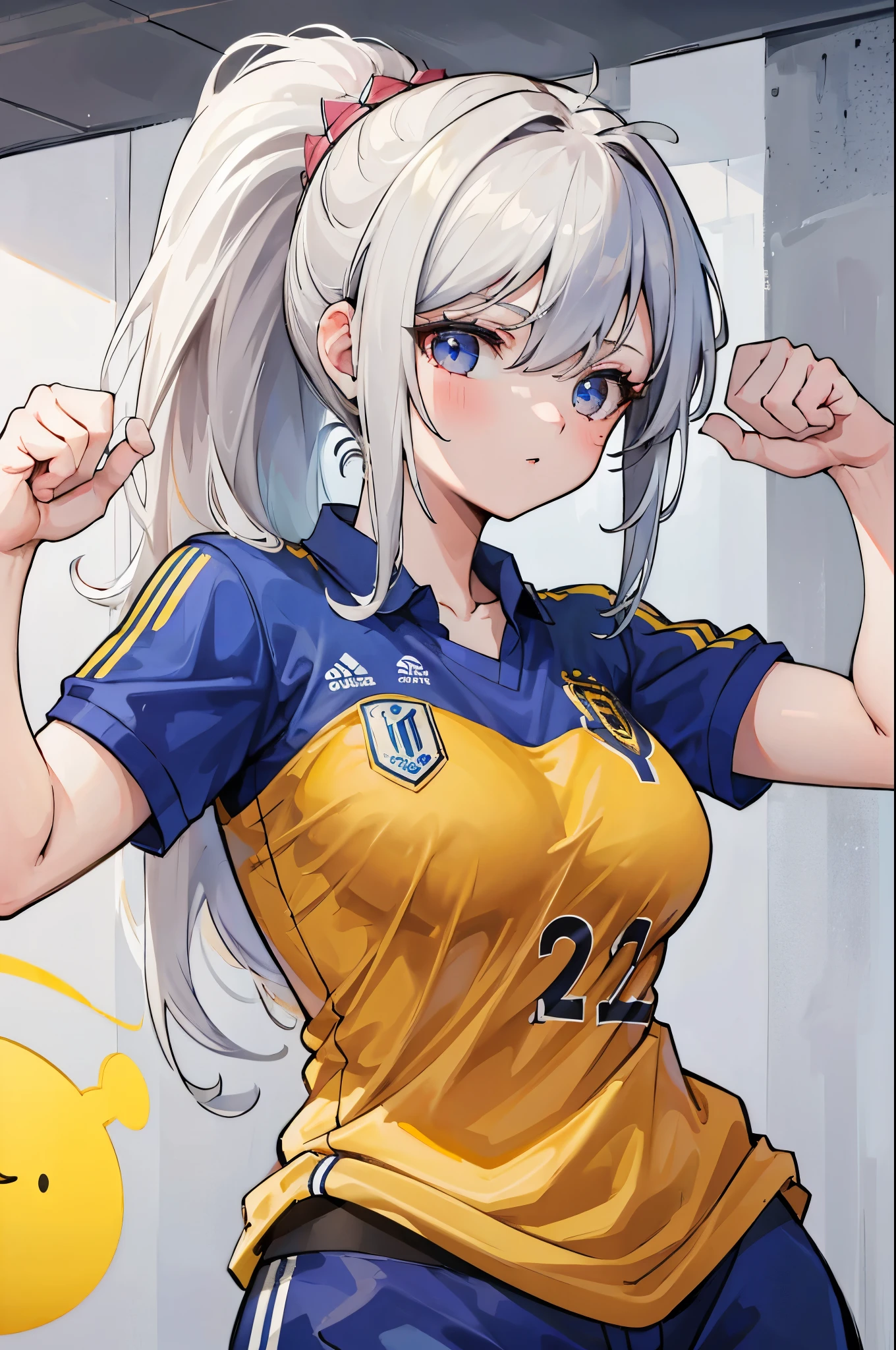 "(best quality,masterpiece:1.2,high resolution),1 girl, (muscular), spiky ponytail, toned body, perky breasts, long hair, (soccer uniform), muscle girl"