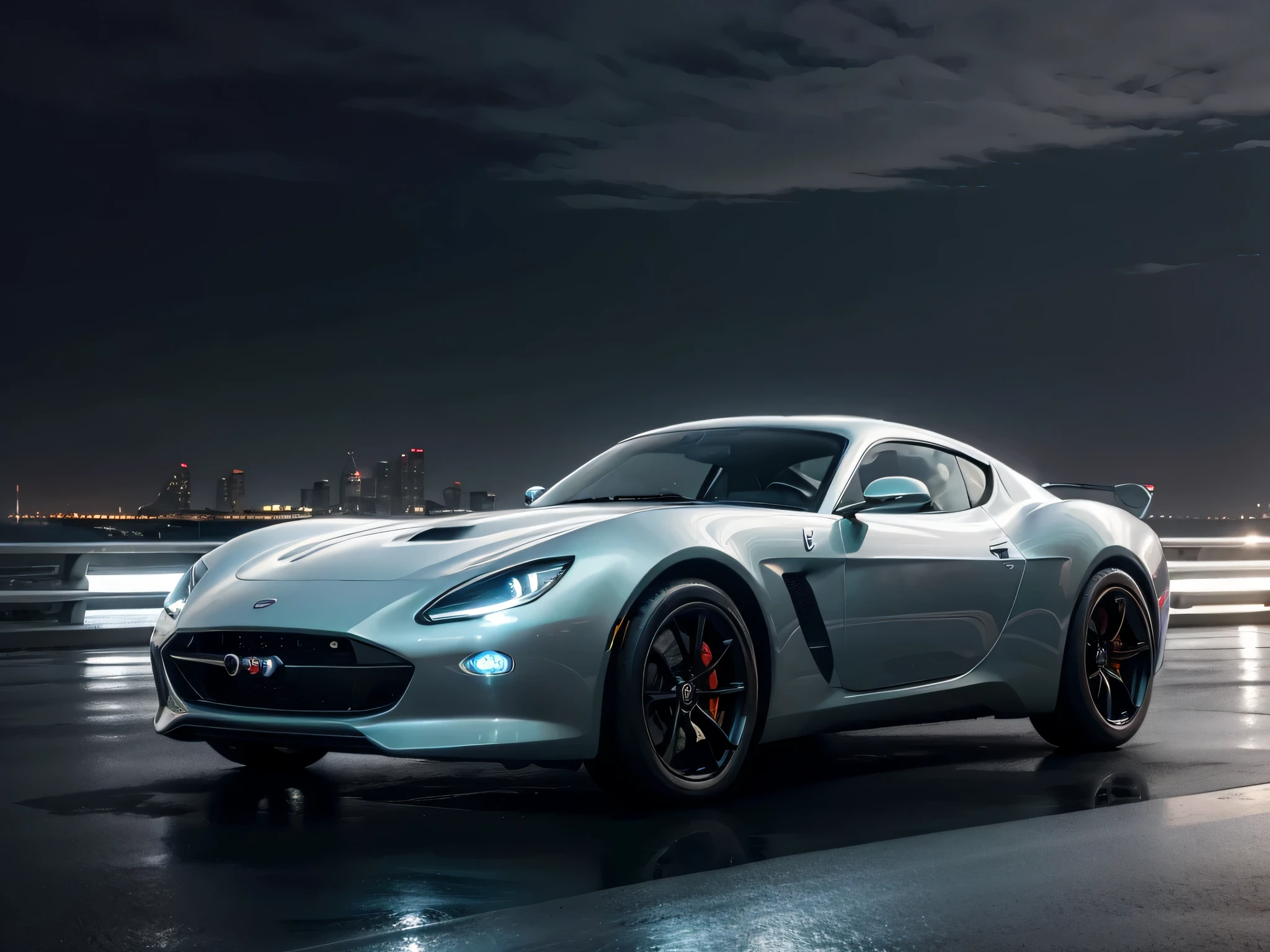 "Uma vanguarda, aerodynamic sports car with a tribute to the past. The car incorporates the look of a classic 1950s vehicle with modern futuristic details. Its sleek bodywork has a metallic finish that shines in the sun and is accented by chrome trim and gullwing doors.... Bright exterior is highlighted with glow-in-the-dark neon lights. The vehicle is built for high-speed performance, with an aerodynamic design and wide tires that grip the road. This is a car that can turn heads and demand attention."