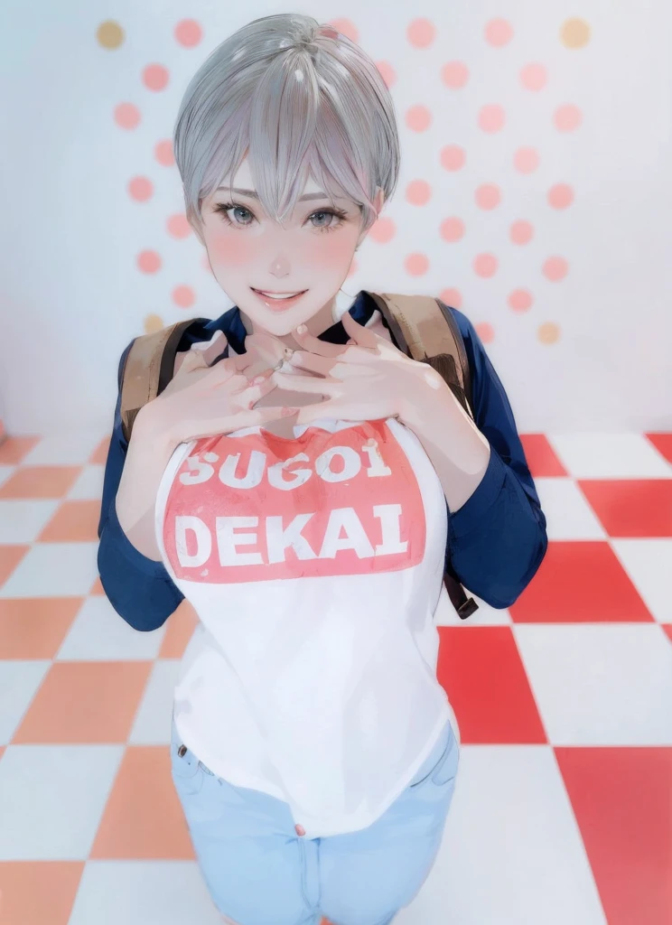 Beautiful girl, smile, short hair, bust up, open chest clothes, pants, glossy skin, cleavage, poses that show off cleavage, sexy,, brown eyes, white shirt , pink hair
