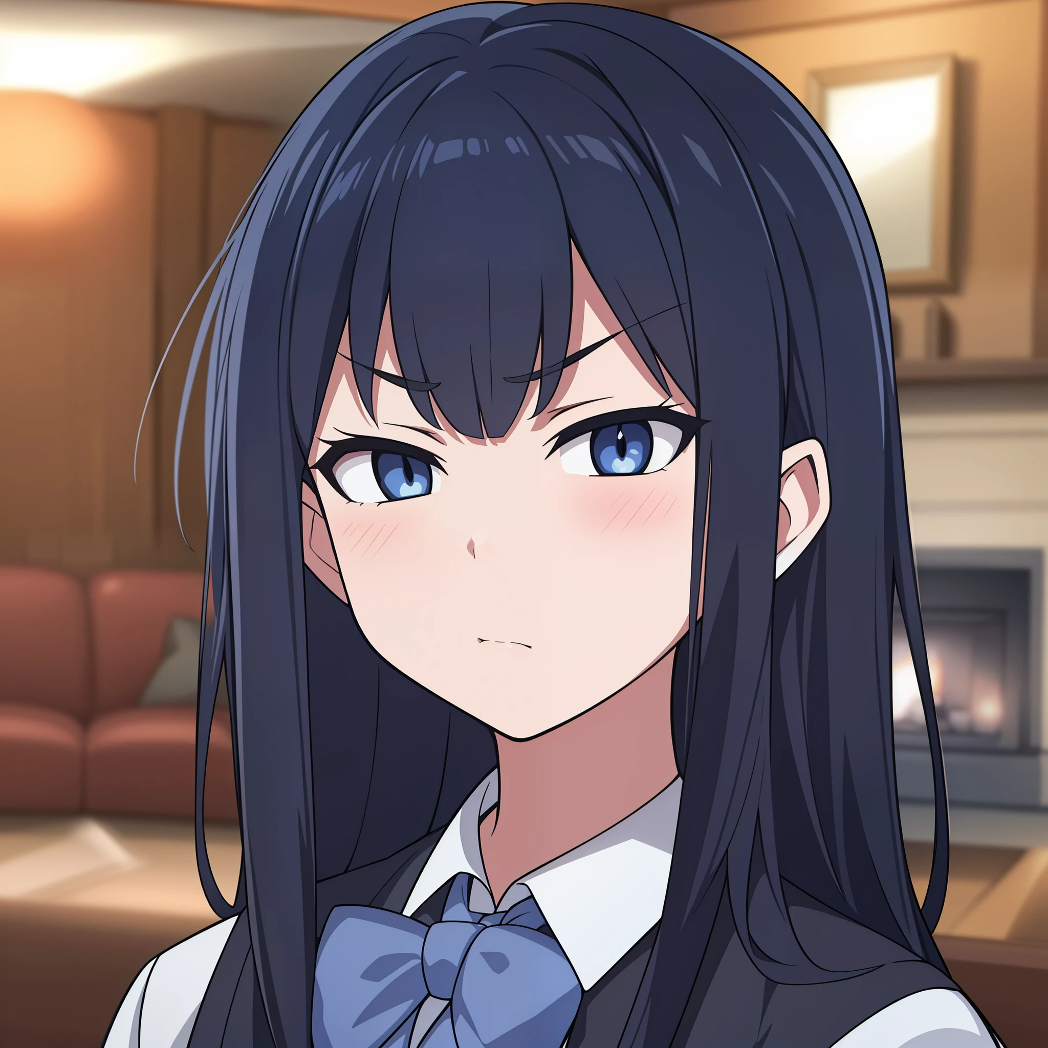 hiquality, tmasterpiece. the anime. (one girls) aristocrat. dark colored hair. gray eyes. Sullen face. Black Collet. white  shirt. bow. Against the background of a luxurious room. fireplace. Sofa. PICTURES. The door. carpet.
