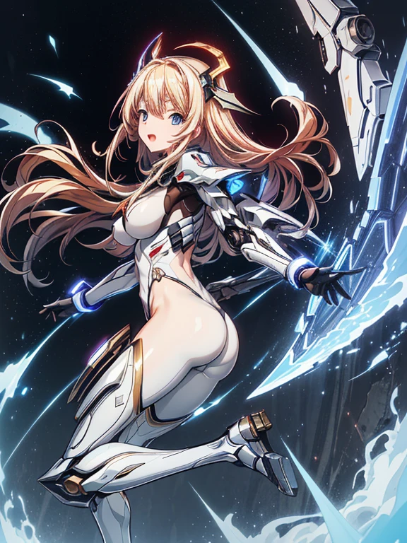 ((masutepiece, Highest Quality)), Detailed face, Beautiful face， (Futuristic and shiny metallic white bodysuit):1.3,full body Esbian, full of details, Highly detailed, Depth, Beautiful girl with Blonde colored hair，Disheveled hair，long Blonde colored hair，morbid，white pupil，legs are very thin，legs are long, Blue eyelashes, ​masterpiece, 1girl in ((20yr old, Futuristic mecha armor exposes belly button, medium breasts,  Naked, Flirting sci-fi battlefield, from behind, Bat Cup, Looking back, hawken, Smile, Open mouth, Long hair, (Blonde colored hair, Deep Blue Eyes:1.2), Sparkling eyes, Cute face, kawaii, Large breasts, Delicate hair, disheveled hair, (((floating))、Blue sky, white clouds), Shiny hair, Shiny skin, (It expanded to the left and right so that it protruded from the screen.、Symmetrical winethallic colored mechanical wing, Headgear), Futuristic and energetic atmosphere), ((during night)) ((Low camera angle, Ground View)) Tall and tall，Thin, 8K, ultla realistic, offcial art,