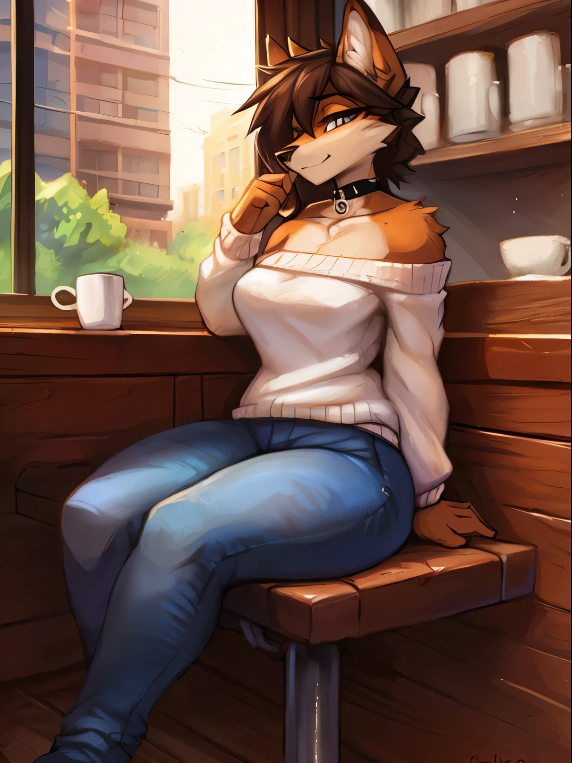 fluff-kevlar, by Zackary911, by Kenket, by Kilinah, by fluff-kevlar, (masterpiece), (best quality), (anthro furry:1.3, snout:1.2, anthro:1.3, furry:1.2, solo female:1.2), (extremely detailed:1.3), (extremely detailed eyes), (muscular figure, thick figure), (wide hips), (thick thighig breastlack jeans, choker, wearing an off-shoulder sweater, day time, (coffee shop background), sitting in a booth, (perfect posture, king expression)