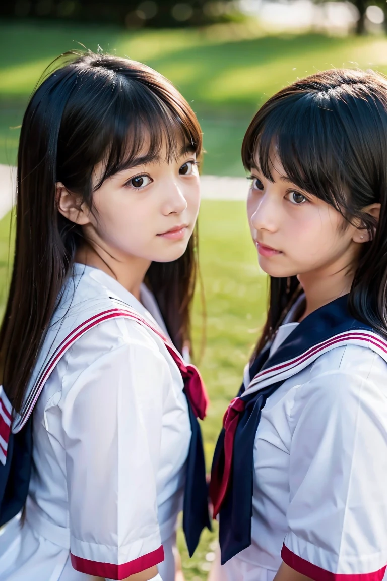 Two beautiful girls、Sailor School Uniform、A dark-haired、straight haired、(One has long hair)、(The other one has a short bob)、schools、early evening、sixteen years old、Face to face、Wistful expression、look away from the camera、