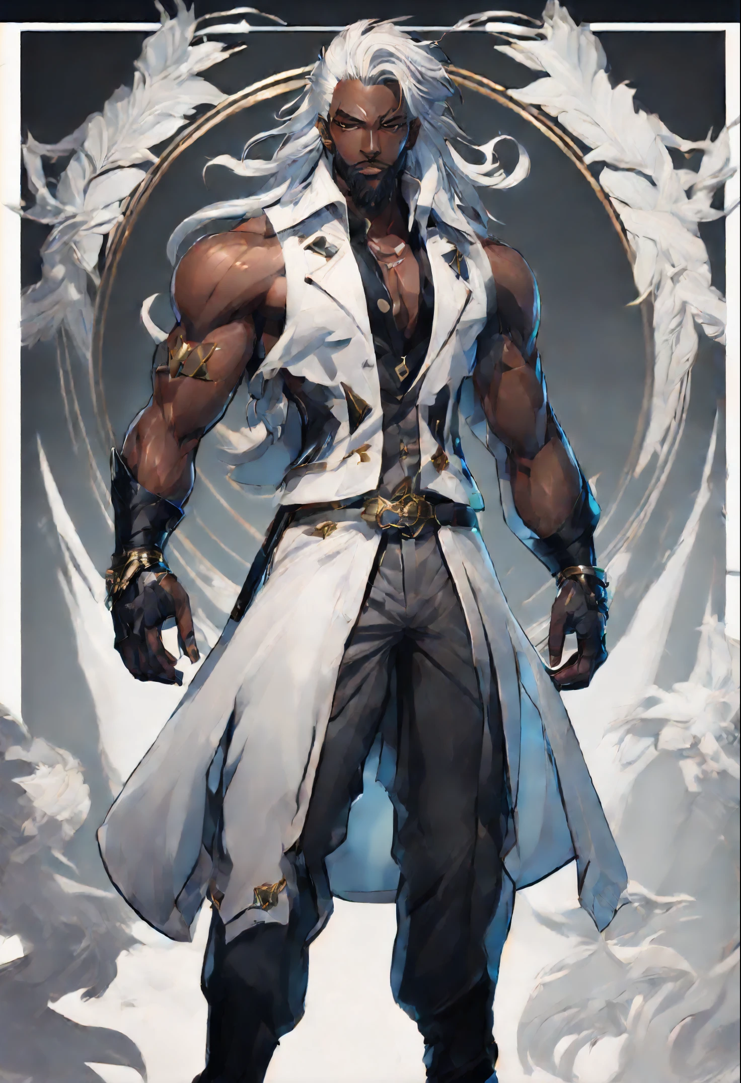 dark skin man, male, black eyes, white hair, long hair, anime style, 4k image, full body, holographic background, Character sheet, Handsome male. Perfect face, 6 ft 5 tall middle aged man. White hair. Long hair. Grey eyes. Beard. Eyepatch. Earrings. Toned body. Muscular male, character design sheet，full bodyesbian, Full of details, body front view, body back view,  Full body, muscle body, Formal Fantasy clothes. Genshin Impact. Hydro vision. Bulge in pants. Fontaine, ((Masterpiece, Highest quality)), Detailed face, character design sheet， full bodyesbian, Full of details, frontal body view, back body view, Highly detailed, Depth