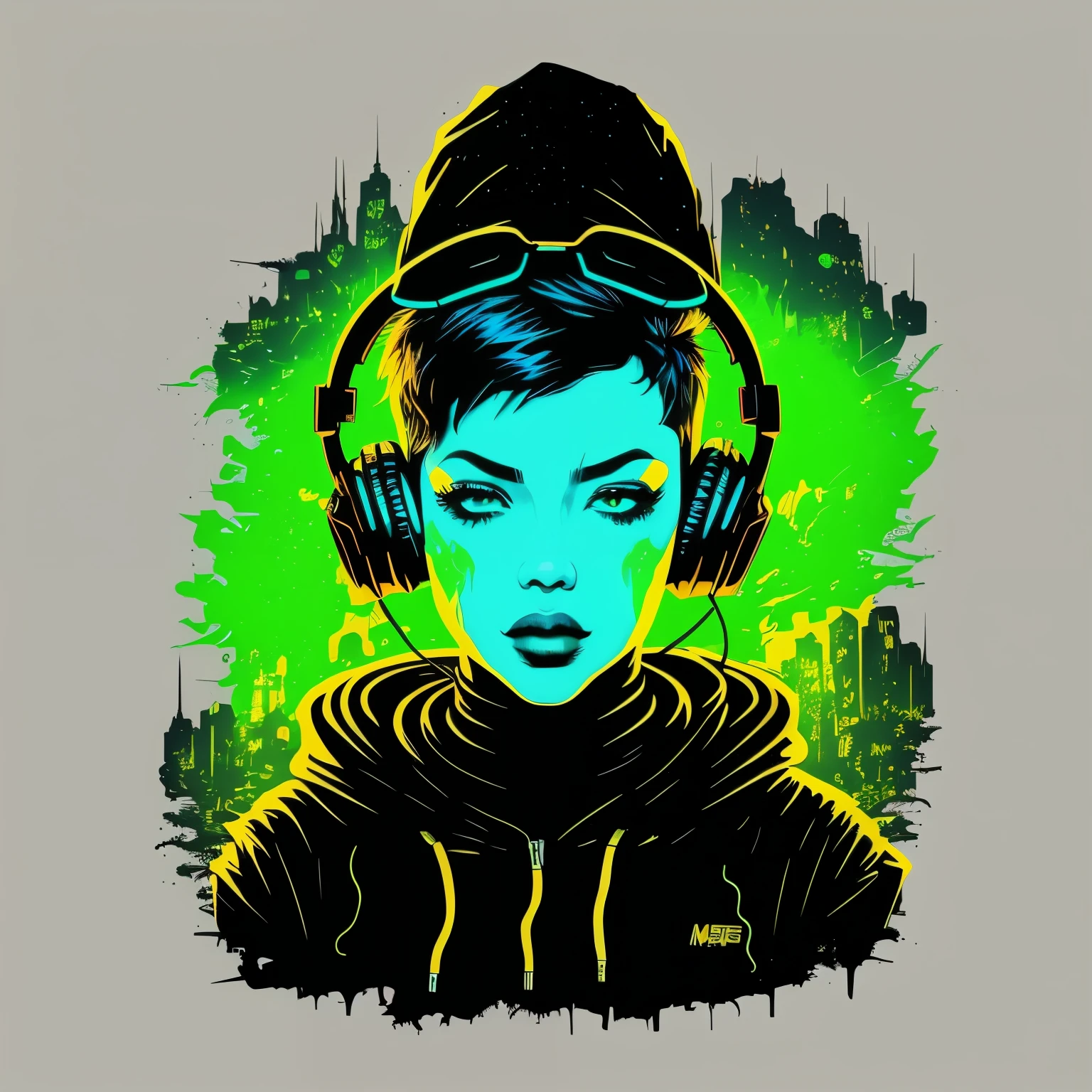 (masterpice) hooded cyberpunk with music headphones in the head and looking straight ahead,(blue and black), (empty background :1.4), streetwear, colofull, outlined, centered, stunning illustration, wide shot, realistic, intricate, vibrant, extremely sharp, detailed, majestic, high resolution, as a t-shirt logo in the style of MAGIFACTORY