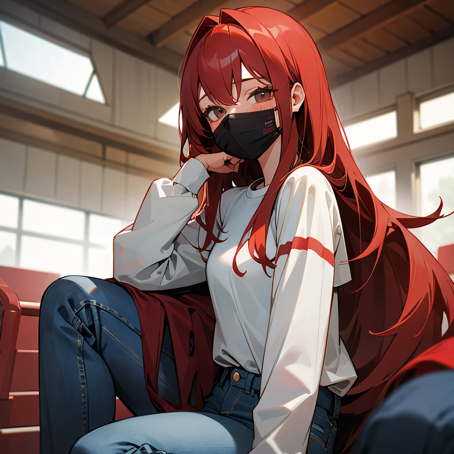 Tall red-haired girl in a red mask that covers her nose and mouth,a long-sleeved shirt underneath and a short-sleeved shirt on top and jeans sitting on a school track
