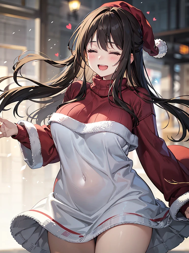girl with、cosy sweater on、The upper part of the body、(Huge laughter:1.1)、(Opening Mouth:1.1)、(widely opened eyes:1.2)、Sun glare、bokeh dof、Depth of Field Background、Particles of light、heavy wind、(Heart particles:1.1)、Santa Claus Costume