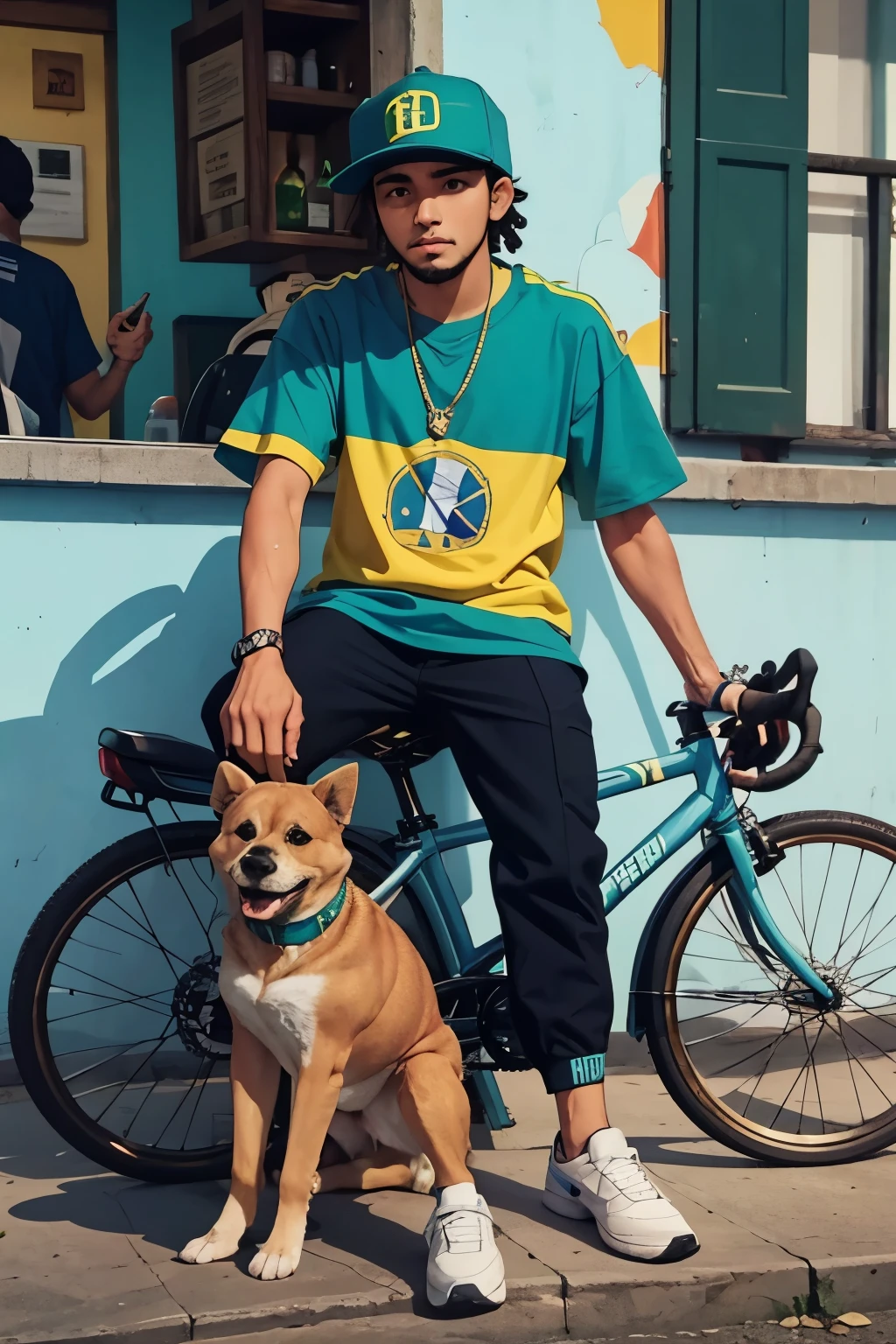 jovem rapper empinado bicicleta pelas ruas do brasil, personagem pardo sem camisa, usando cerrentes de ouro, acopanhado de um cachorro caramelo, alta qualidade estilo 2d, acenario estilo brasil, bar pipa em fios,