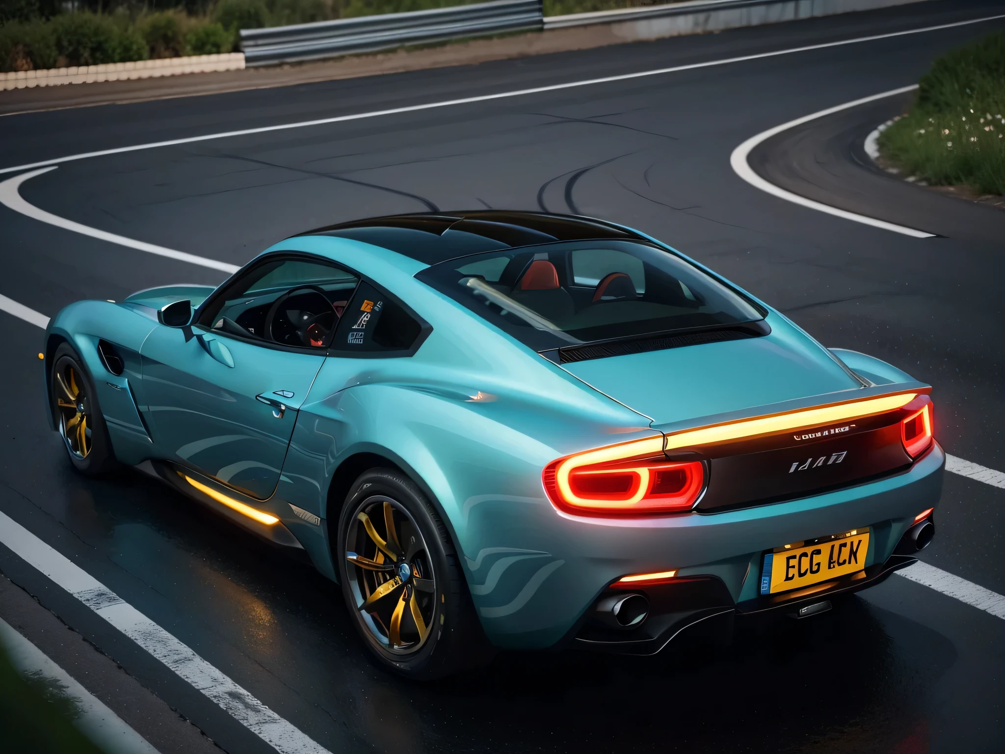 "Uma vanguarda, aerodynamic sports car with a tribute to the past. The car incorporates the look of a classic 1970s vehicle with modern futuristic details. Its sleek bodywork has a metallic finish that shines in the sun and is accented by chrome trim and gullwing doors...... Bright exterior is highlighted with glow-in-the-dark neon lights. The vehicle is built for high-speed performance, with aerodynamic design and wide tires that grip the road. This is a car that can turn heads and demand attention."