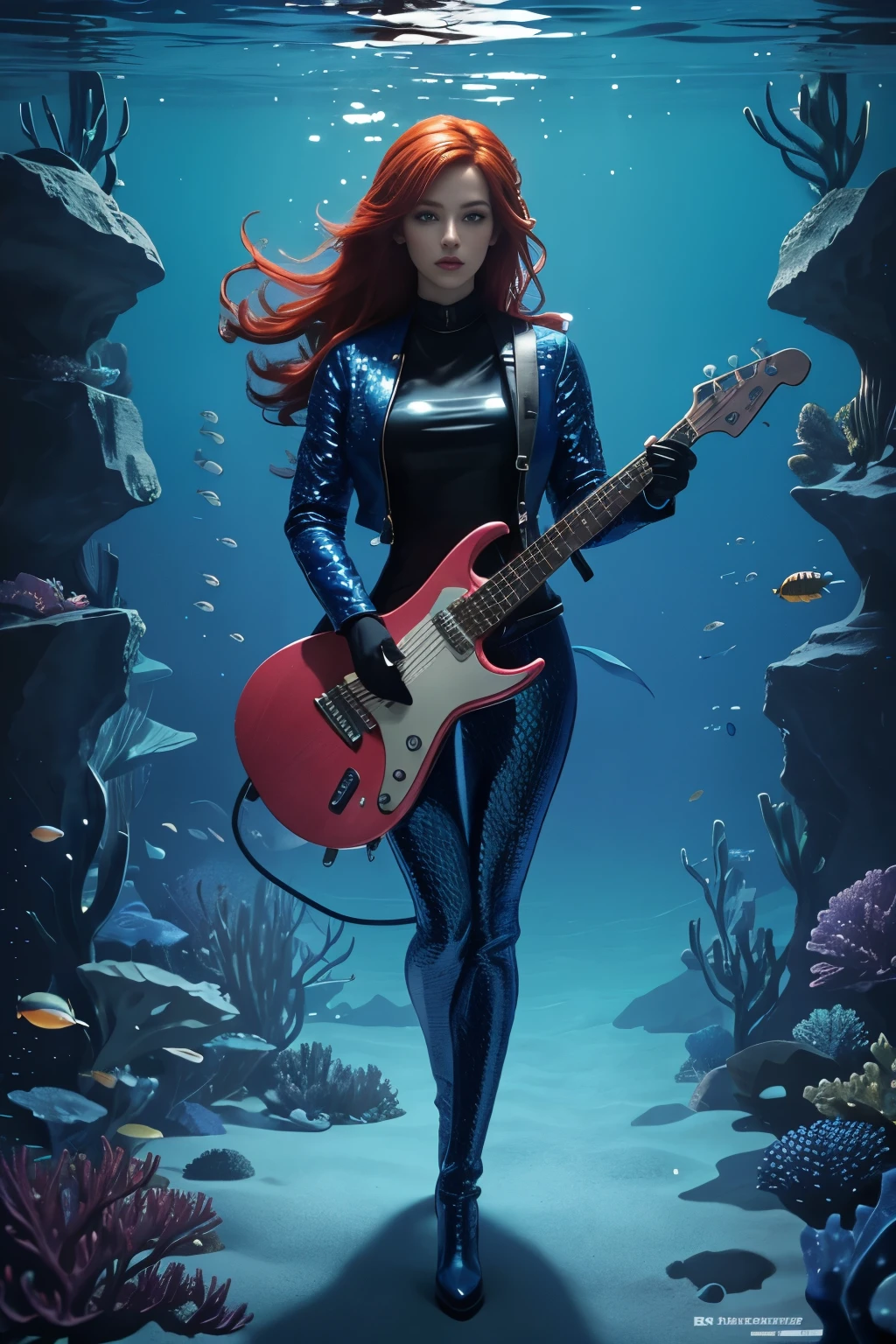 high quality, highly detailed, symmetric composition, a full body view of mystical beautiful red hair mermaid in a leather jacket with fish scales, on a undercover spy mission in a futuristic underwater city, playing a blue futuristic electric guitar, an ethereal masterpiece brought forth by the strokes of boundless creativity, This fantastical mermaid is on a undercover mission playing a blue guitar The mermaids body is a graceful composition of sleek, pearlescent scales that shimmer in the moonlight, moonlight enlighten the walls of a underwater city in shimmering colors of cristal blue, by yukisakura, awesome full, symmetrical