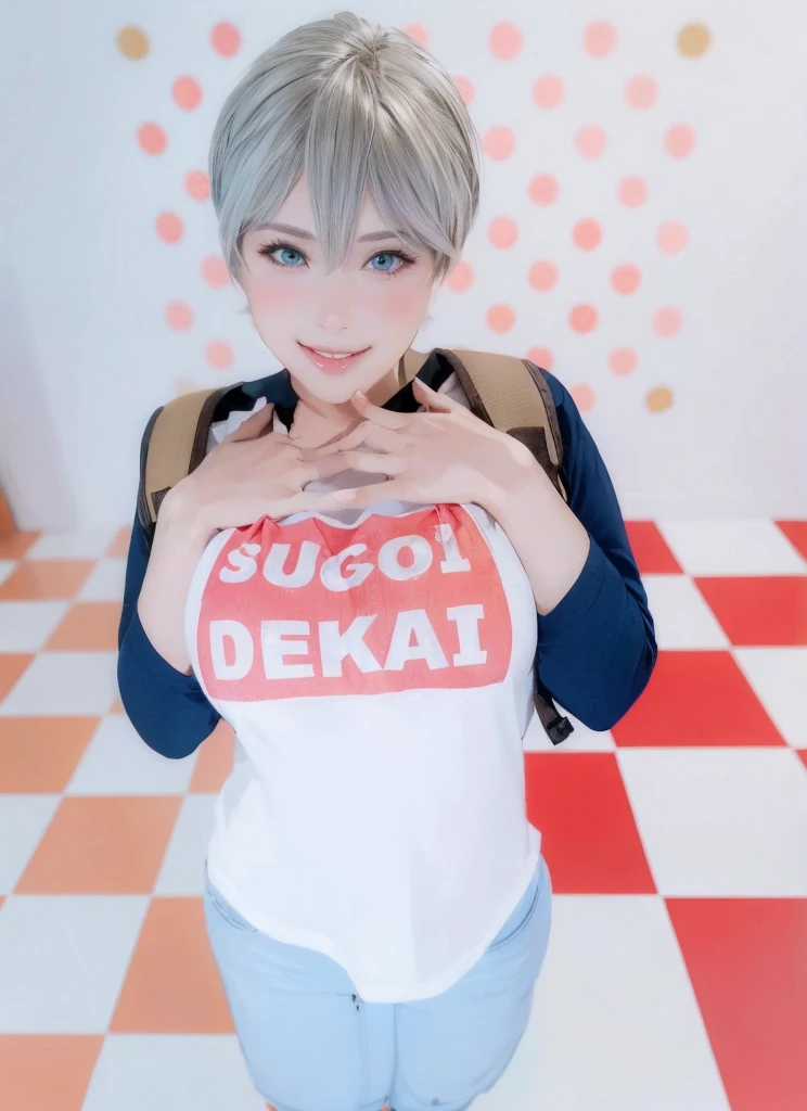 Beautiful girl, smile, short hair, bust up, open chest clothes, pants, glossy skin, cleavage, poses that show off cleavage, sexy,, brown eyes, pink shirt