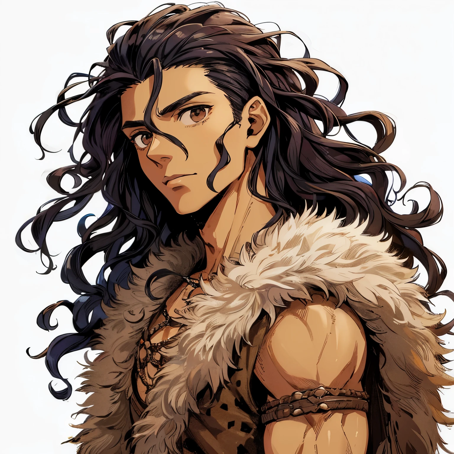 a man of short stature, dark skin, long and wavy hair, slightly muscular, wearing clothes made of animal hair, in prehistoric times