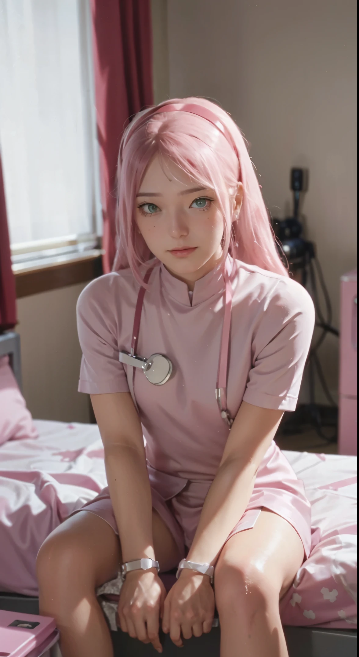 (A girl with pink double ponytail with long hair and pink nurse costume sitting on desk:1.3),1girls,(Wear pink:1.3),Nurse hat,(hospital ward:1.3),hospital bed,Doctor's table,Solo,upper-body(Bottom-up perspective:1.3),Bright geeen eye,Smile with,Sit on the ground , full full body,Short pink skirt,(leggy:1.3),Exposing the skin of the legs,(tmasterpiece),(best qulaity),Lifelike,Cinematic light,Perfect body,Pink turtleneck tight nurse uniform,Pink shirt,impossible bodysuit,Corset,