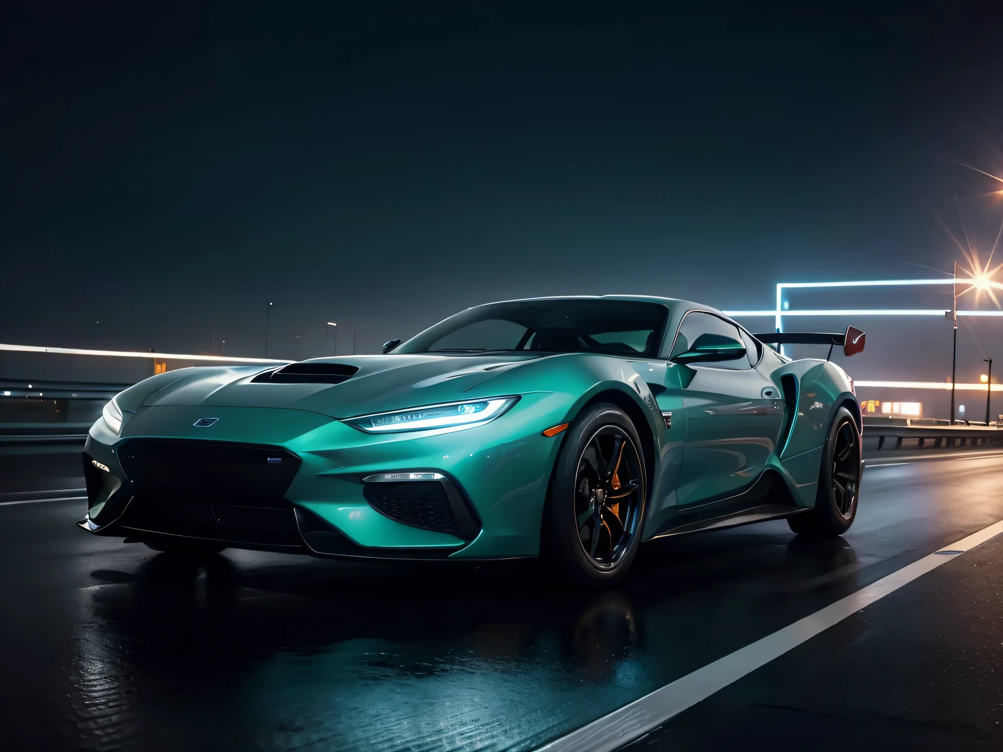 "Uma vanguarda, aerodynamic sports car with a tribute to the past. The car incorporates the look of a classic 1970s vehicle with modern futuristic details. Its sleek bodywork has a metallic finish that shines in the sun and is accented by chrome trim and gullwing doors...... Bright exterior is highlighted with glow-in-the-dark neon lights. The vehicle is built for high-speed performance, with aerodynamic design and wide tires that grip the road. This is a car that can turn heads and demand attention."