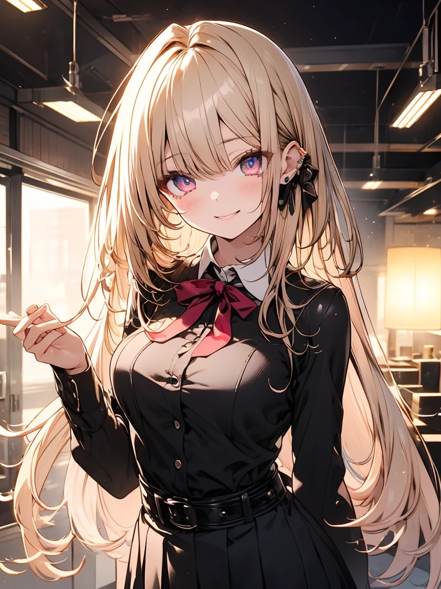 masterpiece, absurdres, best quality, ultra detailed, high Resolution, detailed illustration, extremely beautiful detailed face and eyes, bright colour, 1girl, (loli), cute face, Delicate beautiful face, magenta eyes, cute eyes, sparkling eyes, big eyes, medium breasts, (perky breasts:1.1), (pointy breasts:1.1), medium hips, glamorous body, white skin, smile, BREAK, long bob cut, (blonde hair:0.8), messy hair, detailed hair, shiny hair, BREAK suit, long skirt, tiny ribbon, calling, landline, office, real world, natural lights, perfect lighting,