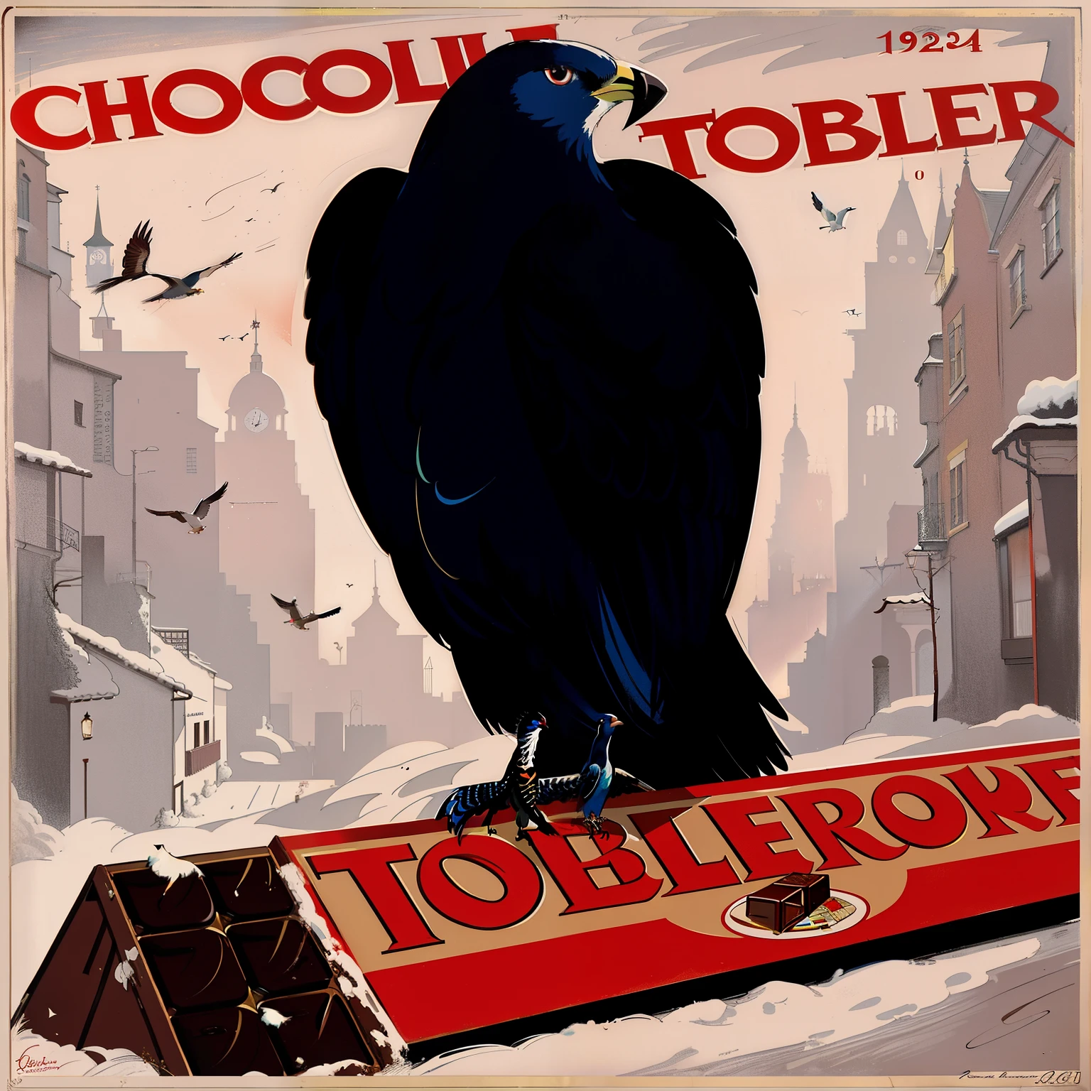 there is a poster of a bird perched on a chocolate tobler, advertisement poster, leonetto cappiello, vintage poster, 1 9 3 6, 1920, 1 9 2 0, 1936, 1934, 1 9 3 4, 1 9 3 7, by Hugo Scheiber, advertising photograph, 1943