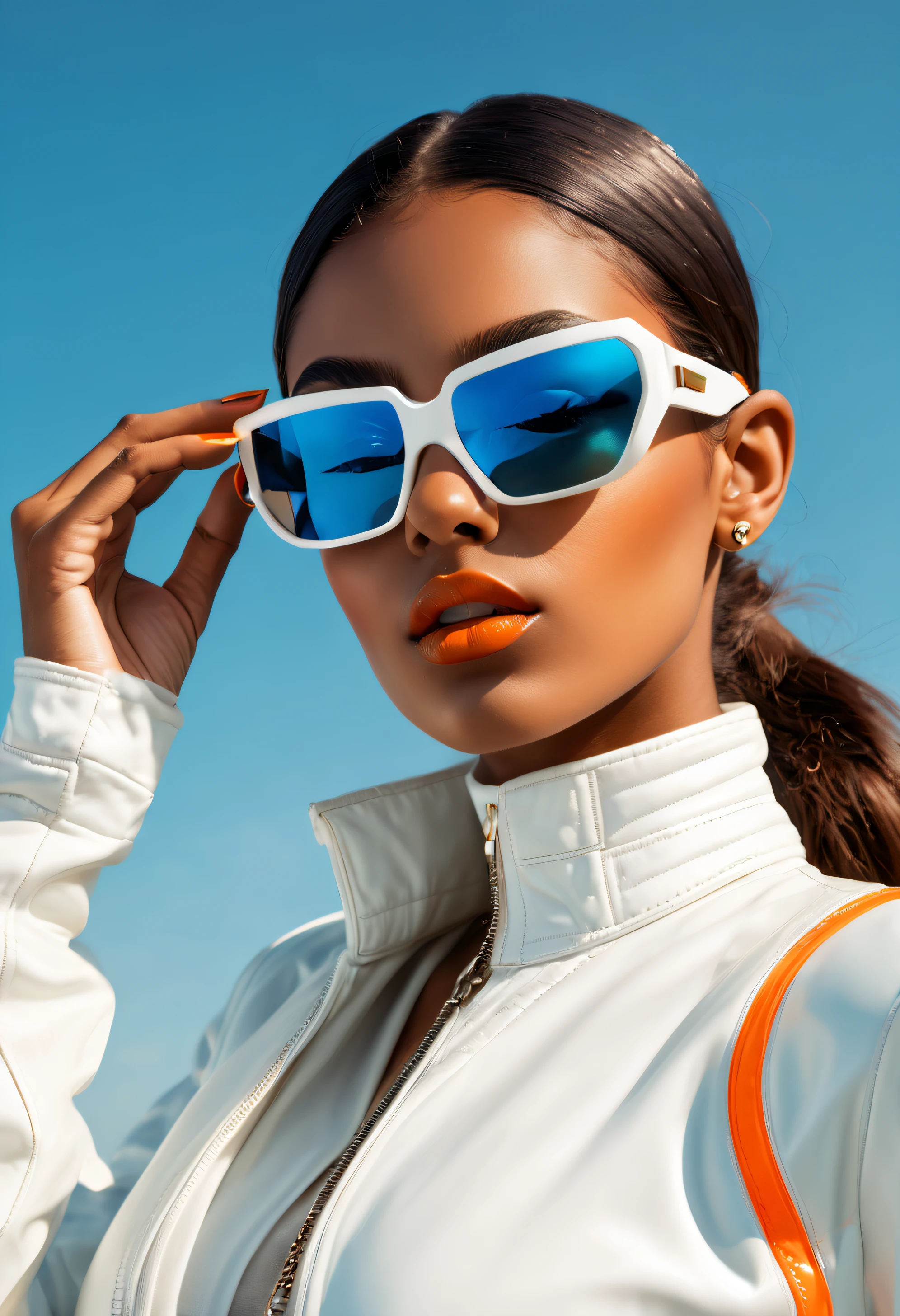 foto de cuerpo completo de ((hermosa joven india futurista)) Vistiendo ((gafas de sol blancas dolce and gabbanna con forma rectangular)), FONDO DE CIELO AZUL, labios muy brillantes, Ear cuffs naranjas grandes, besar los labios, cabello recogido, chaqueta blanca brillante, 80s aesthetic, Retrato Sophie Mudd, aesthetic!!!! tron movie style, cyberpunk2077, Subtle neon lighting, 8 mil, color jugoso, hiperrelista, fotorrealista