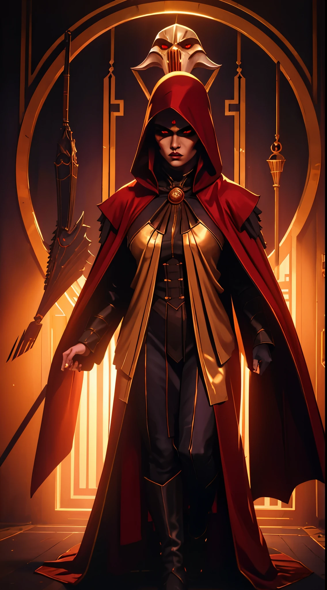 A shadowy lady, dark redclosed robe, cloak hiding body, golden hood, mask hiding face, ghastly, scary, white crow mask with golden beak, dark red hooded robe, dark scenery, dark night, halberd on the back, realistic image, 8k image, HD image, High resolution, masterpiece