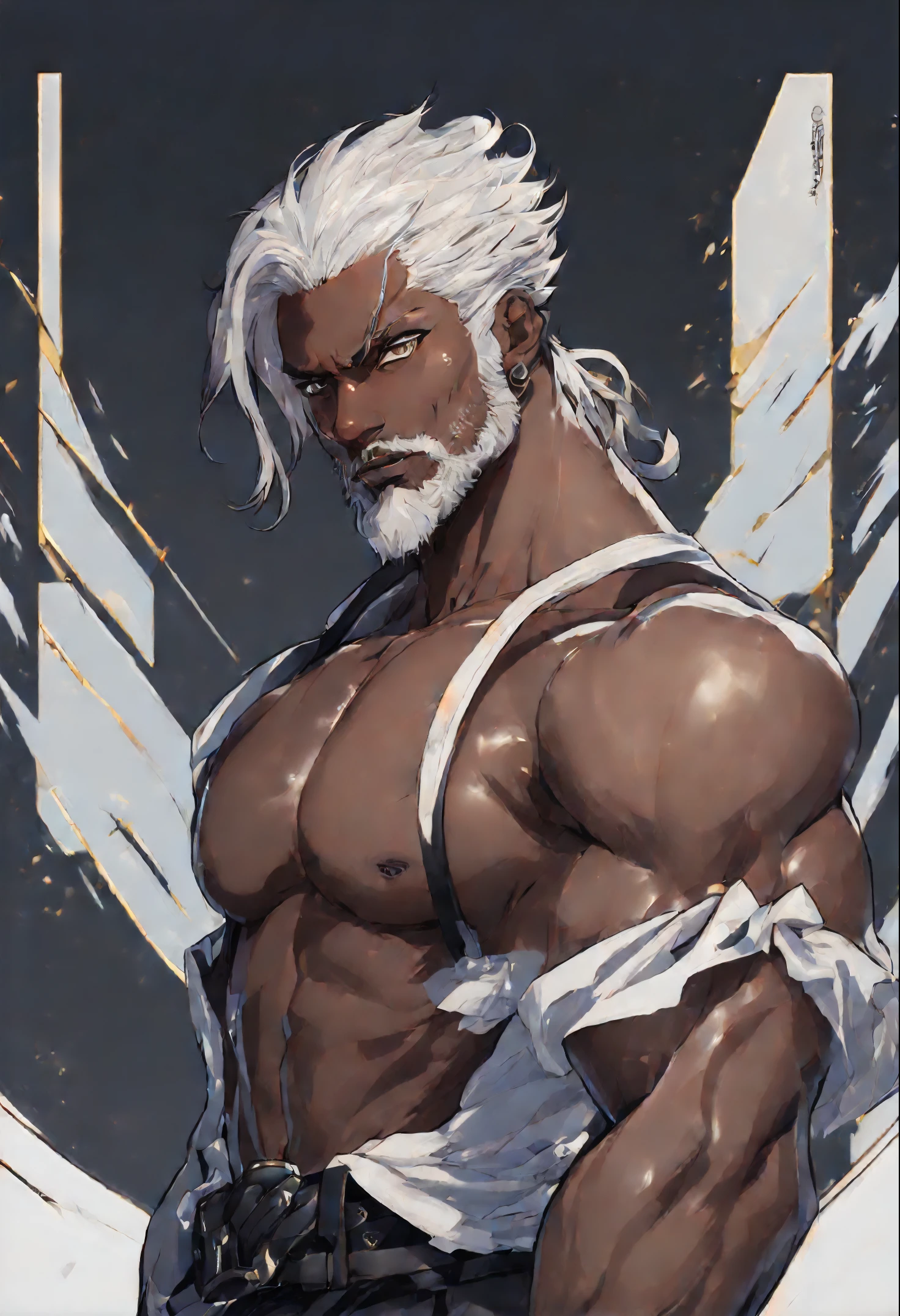 dark skin man, male, black eyes, white hair, long hair, anime style, 4k image, full body, holographic background, Character sheet, Handsome male. Perfect face, 6 ft 5 tall middle aged man. White hair. Long hair. Grey eyes. Beard. Eyepatch. Earrings. Toned body. Muscular male, character design sheet，full bodyesbian, Full of details, body front view, body back view,  Full body, muscle body, Formal Fantasy clothes. Genshin Impact. Hydro vision. Bulge in pants. Fontaine, ((Masterpiece, Highest quality)), Detailed face, character design sheet， full bodyesbian, Full of details, frontal body view, back body view, Highly detailed, Depth