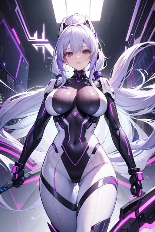 4K,hight resolution,One Woman,white purple hair,poneyTail,Colossal tits,ninjartist,Futuristic and shiny white cyber suit,head phone,Knives,underground city