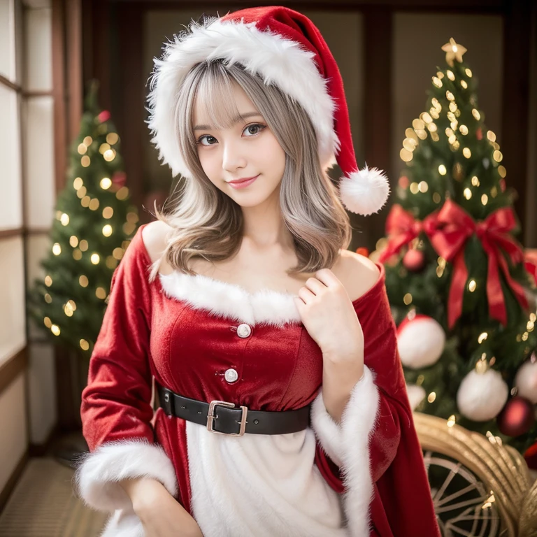 detail, Beautiful Girl, Korean Makeup, Red lips, Smile slightly:, Thigh, Platinum Hair, Slim body, Big breasts, Christmas Costumes, Christmas Accessories, Christmas Decorations, Christmas tree, Christmas Reindeer, led lights, All about Christmas, Snowy landscape outside,