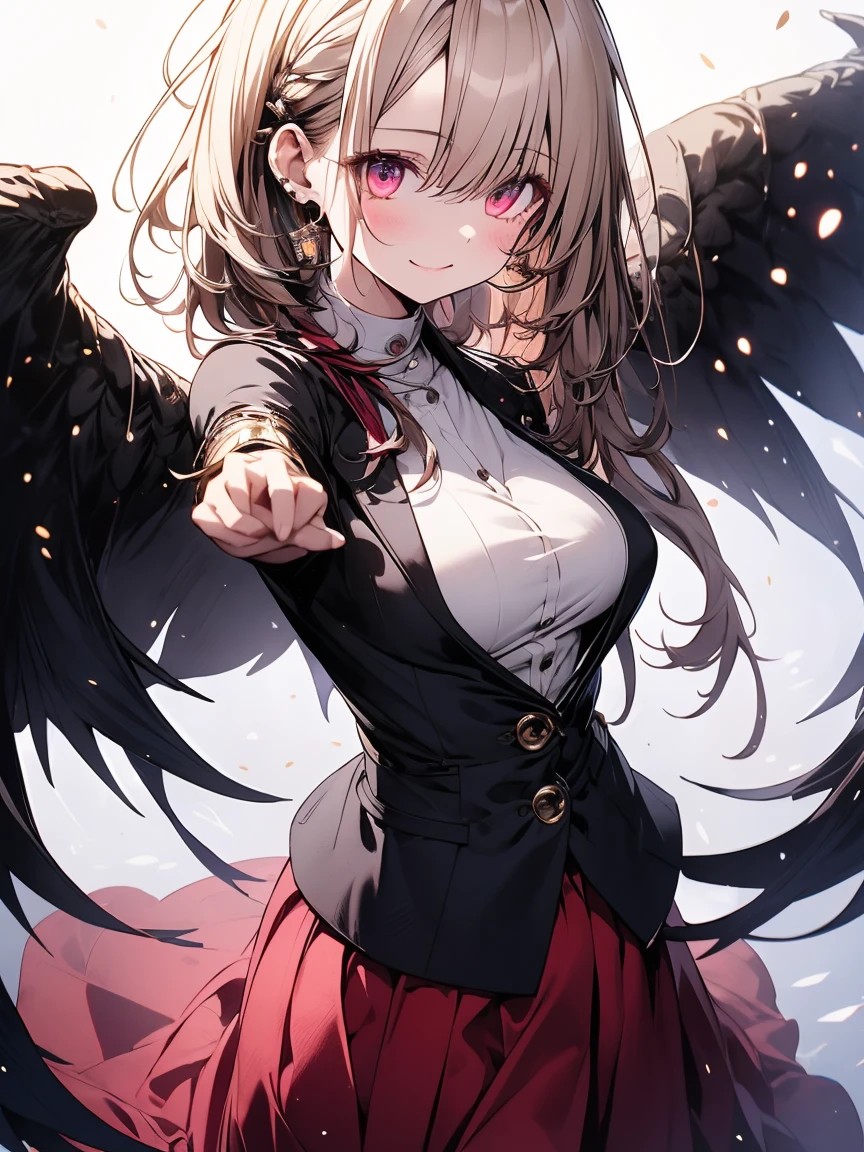 masterpiece, absurdres, best quality, ultra detailed, high Resolution, detailed illustration, extremely beautiful detailed face and eyes, bright colour, 1girl, (li), cute face, Delicate beautiful face, magenta eyes, cute eyes, sparkling eyes, big eyes, medium breasts, (perky breasts:1.1), (pointy breasts:1.1), medium hips, glamorous body, white skin, smile, BREAK, long bob cut, (blonde hair:0.8), messy hair, detailed hair, shiny hair, BREAK suit, long skirt, tiny ribbon, calling, landline, office, real world, natural lights, perfect lighting,