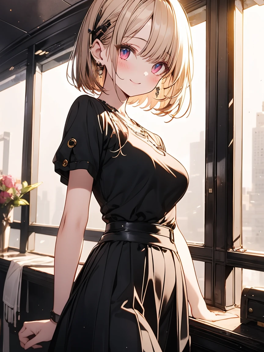 masterpiece, absurdres, best quality, ultra detailed, high Resolution, detailed illustration, extremely beautiful detailed face and eyes, bright colour, 1girl, (li), cute face, Delicate beautiful face, magenta eyes, cute eyes, sparkling eyes, big eyes, medium breasts, (perky breasts:1.1), (pointy breasts:1.1), medium hips, glamorous body, white skin, smile, BREAK, long bob cut, (blonde hair:0.8), messy hair, detailed hair, shiny hair, BREAK suit, long skirt, tiny ribbon, calling, landline, office, real world, natural lights, perfect lighting,