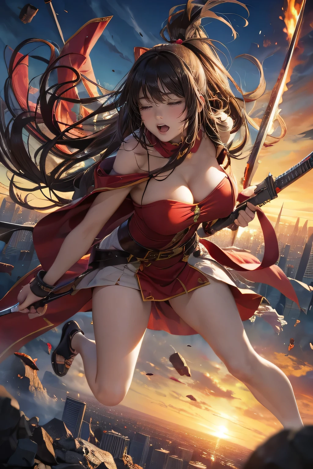 high-definition images, atmospheric perspective, 8k, super detail, accurate, best quality, looking away, angle from below, (((huge god's weapon destroying humanity has from female face to shoulder outline relief embedded and that face reaches an intense orgasm when the weapon destroys the ground)), drooping eyes, blush, ((sleepy)), open mouth, open wide legs, floating above the city,