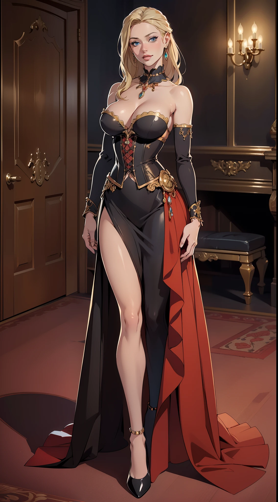 high quality fingers, normal hands, detailed fingers, masterpiece, (realistic, photo-realistic:1.37), (full body:1.5), High-end editorial-style photoshoot highlighting the beauty of a woman with blonde hair and bright blue eyes, dressed in a chic red and black corset, thin waist, seductive smile, large tits, perfect body, perfect face, (full body:1.5), set within the refined atmosphere of a Victorian ballroom. Stylish, elaborate jewelry made with expensive gems.