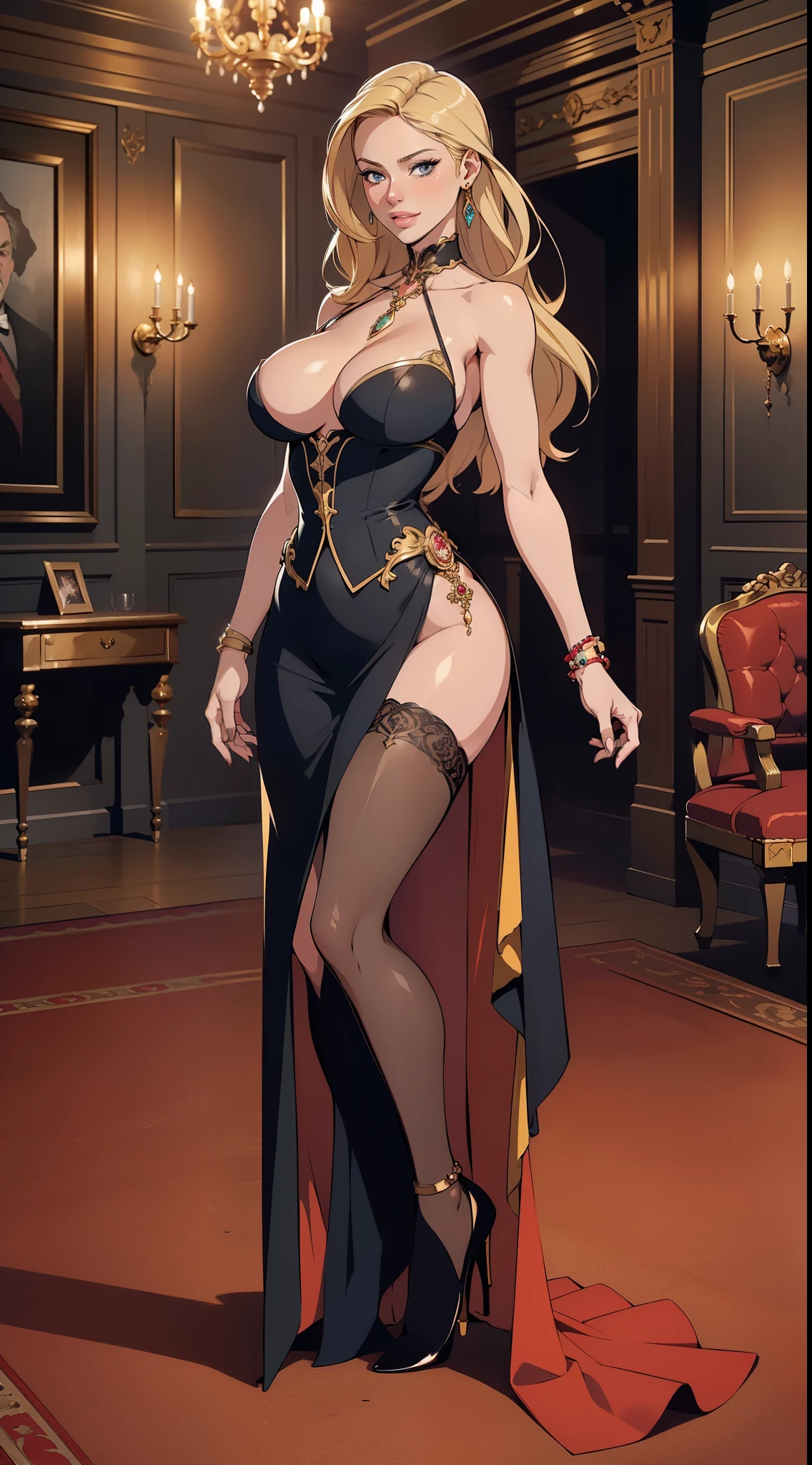 high quality fingers, normal hands, detailed fingers, masterpiece, (realistic, photo-realistic:1.37), (full body:1.5), High-end editorial-style photoshoot highlighting the beauty of a woman with blonde hair and bright blue eyes, dressed in a chic red and black corset, thin waist, seductive smile, large tits, perfect body, perfect face, (full body:1.5), set within the refined atmosphere of a Victorian ballroom. Stylish, elaborate jewelry made with expensive gems.